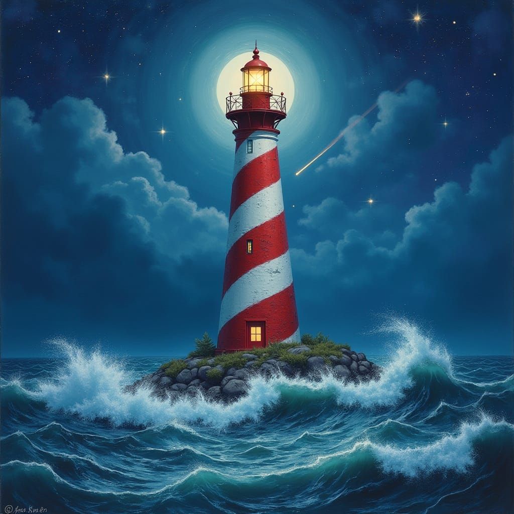 Candy Cane Lighthouse in Stormy Sea, Dreamy Digital Art