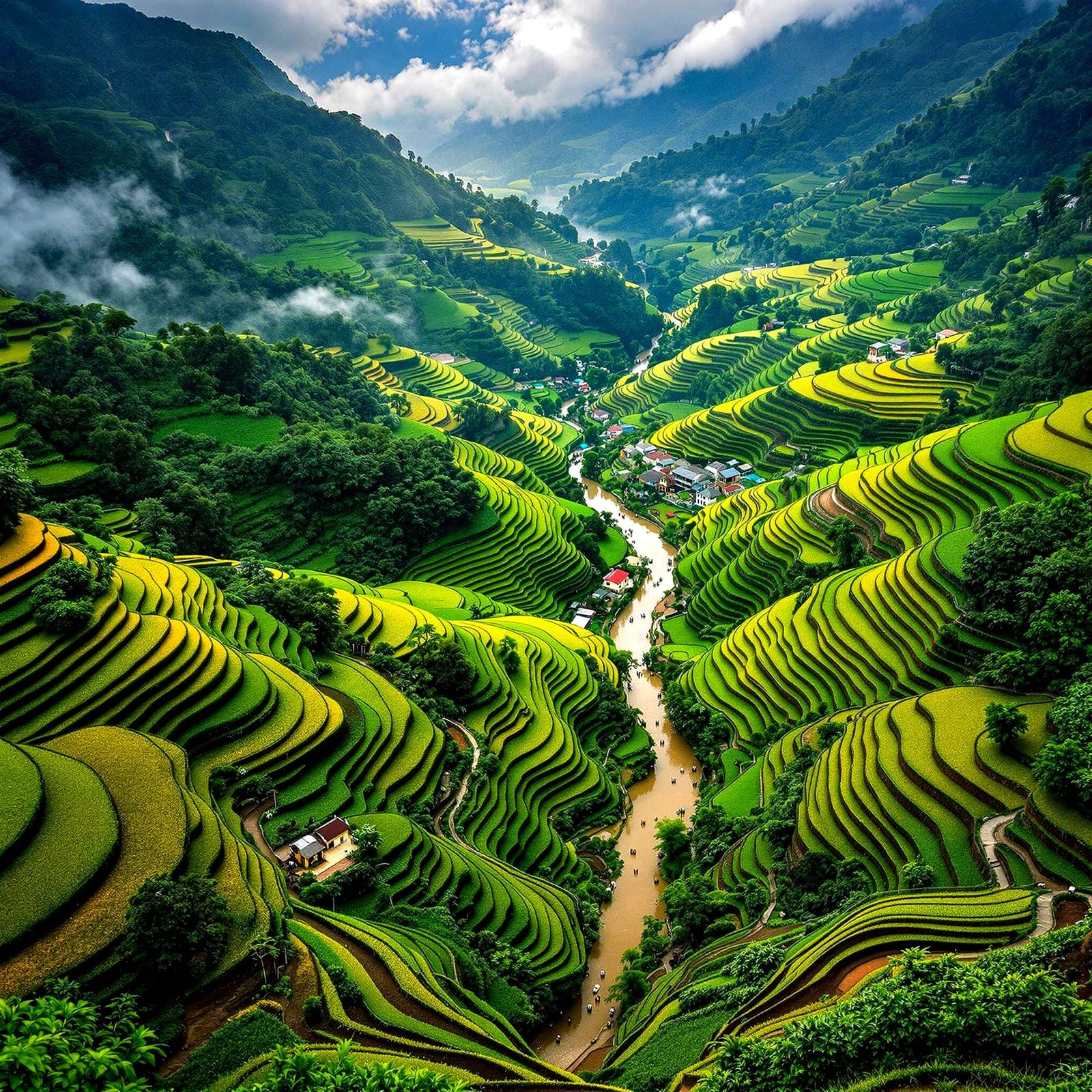 Birds Eye View of Terraced Rice Paddies in Voetnam