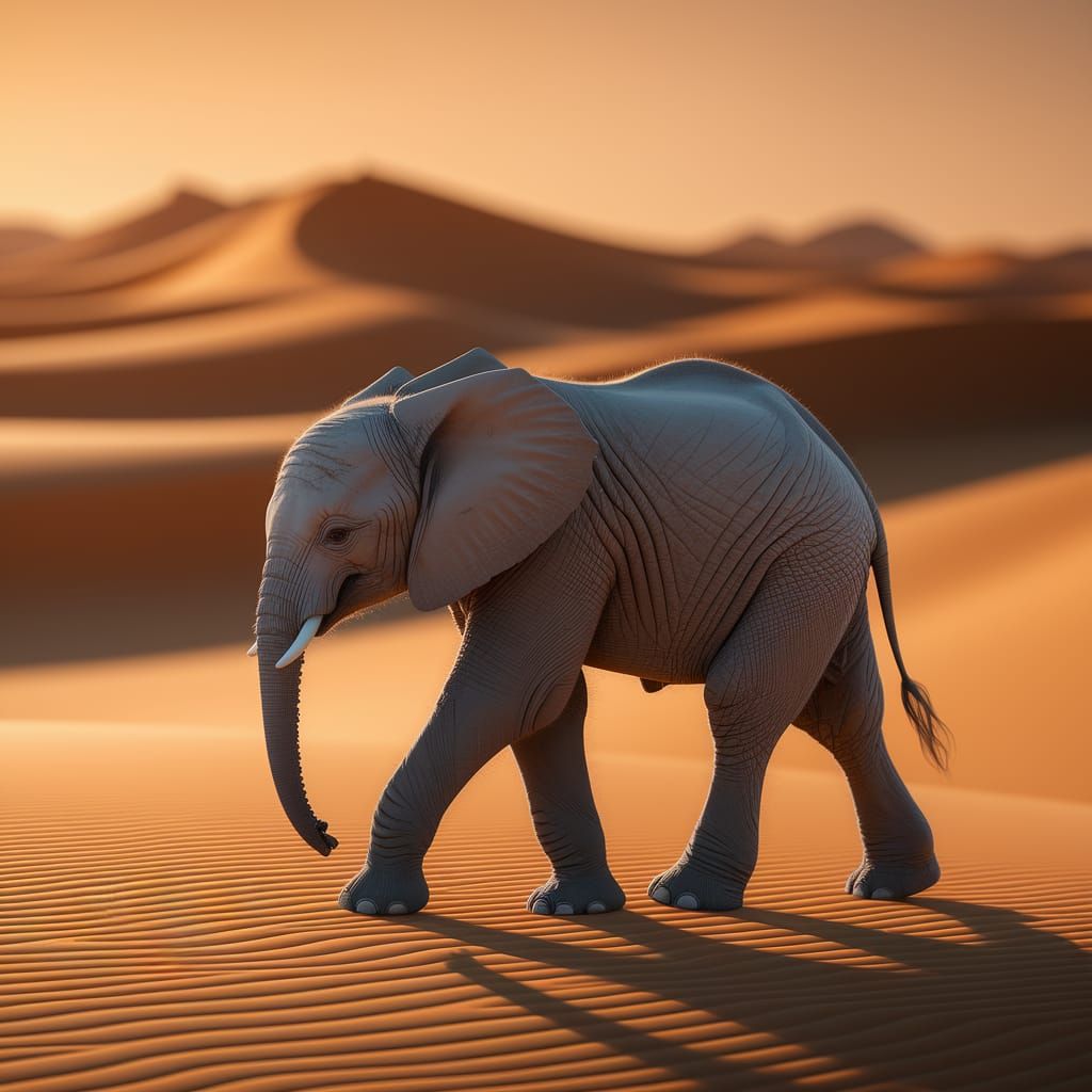 Elephant Calf Walks Desert at Sunset