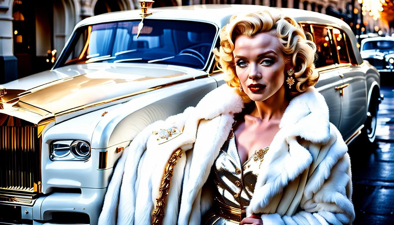 Marilyn Monroe in Gold Rolls Royce: Hyperrealistic Portrait