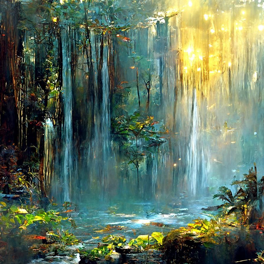 Jungle Waterfall Oil Painting in Hyperrealism Style