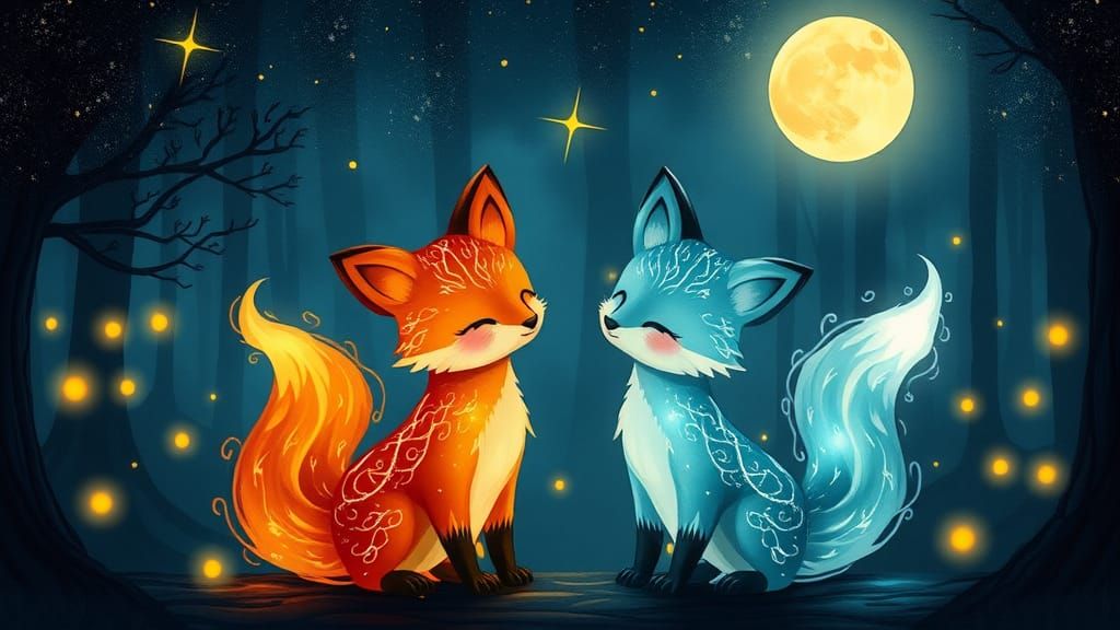 Fire and Water Foxes Under a Starry Sky