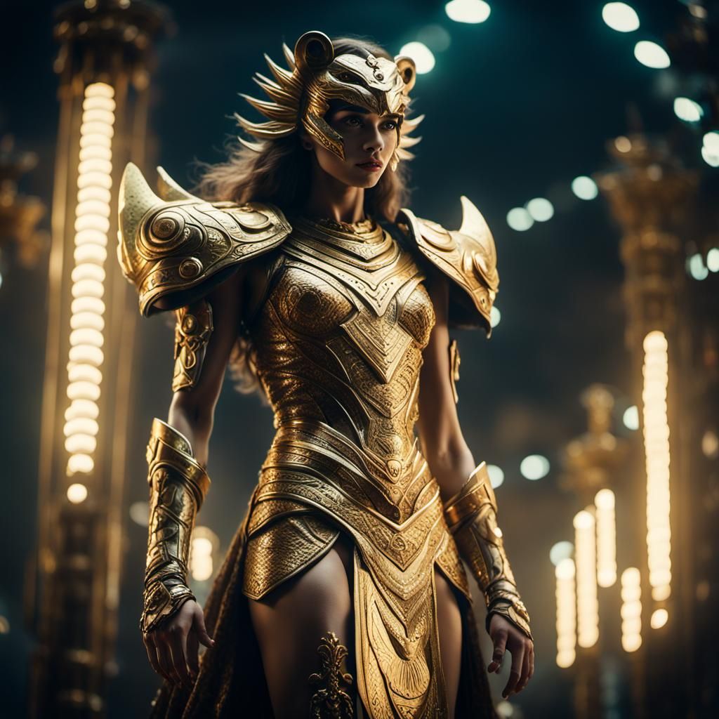 Stunning Leo Zodiac Woman in Gold Fighter Dress