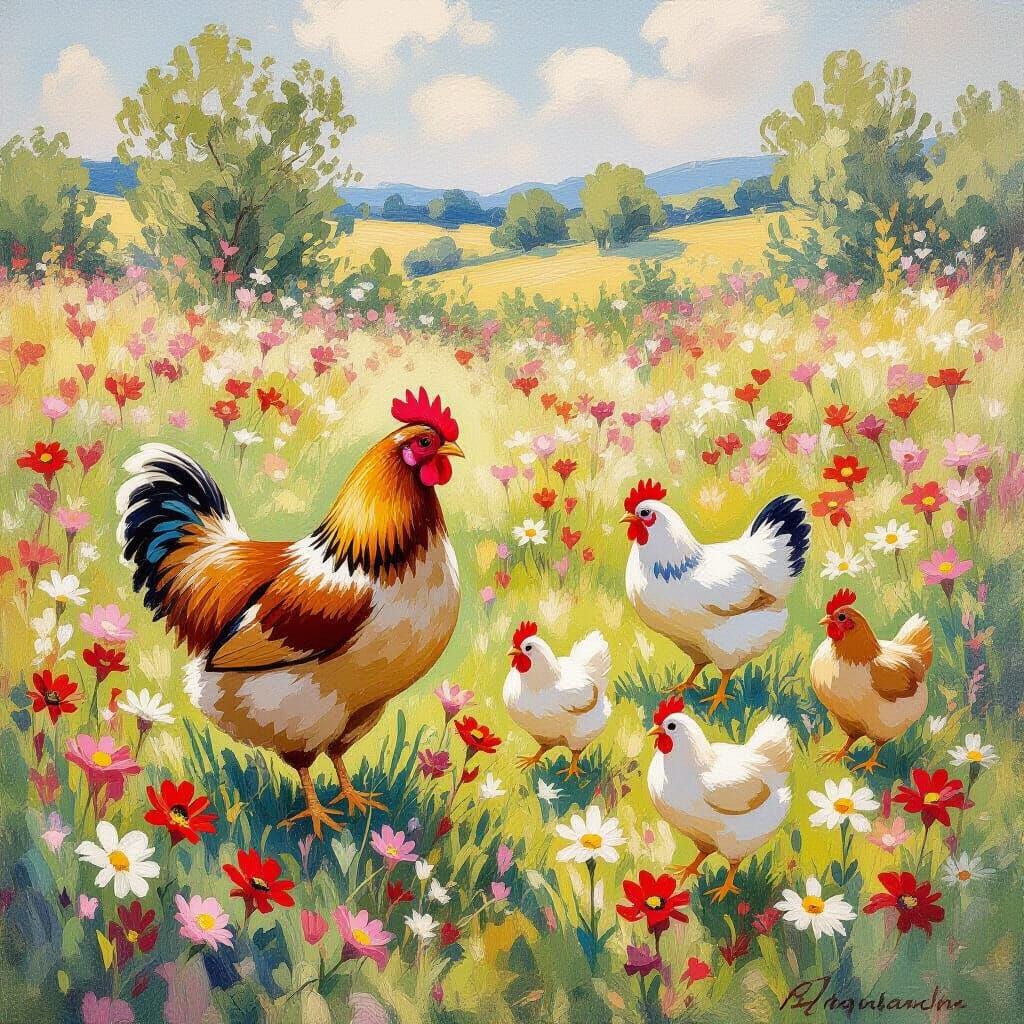Happy Hen and Chickens in Blossoming Meadow