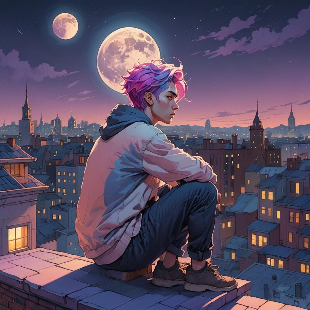 Anime-Inspired Man Gazing at Moon in Pastel Hues