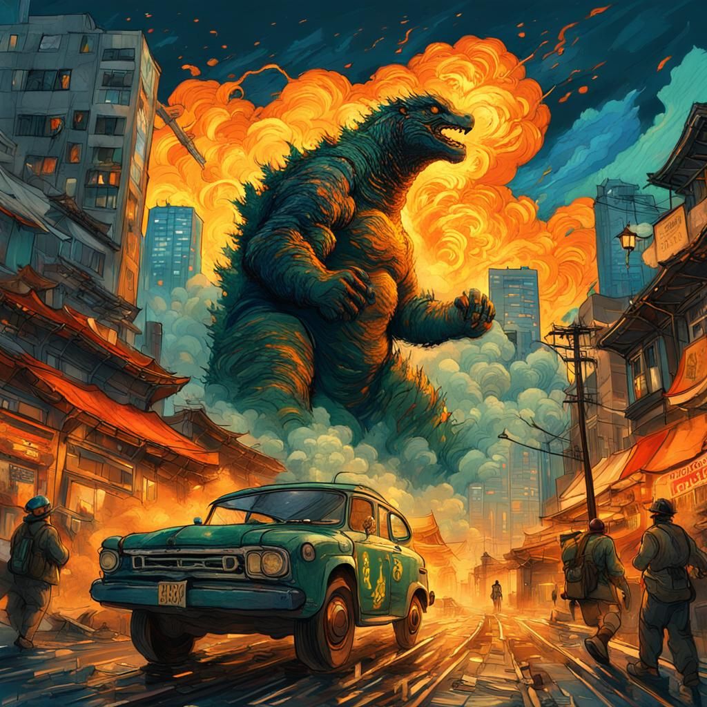 Godzilla Rampages Through Tokyo: A Van Gogh-Style Painting