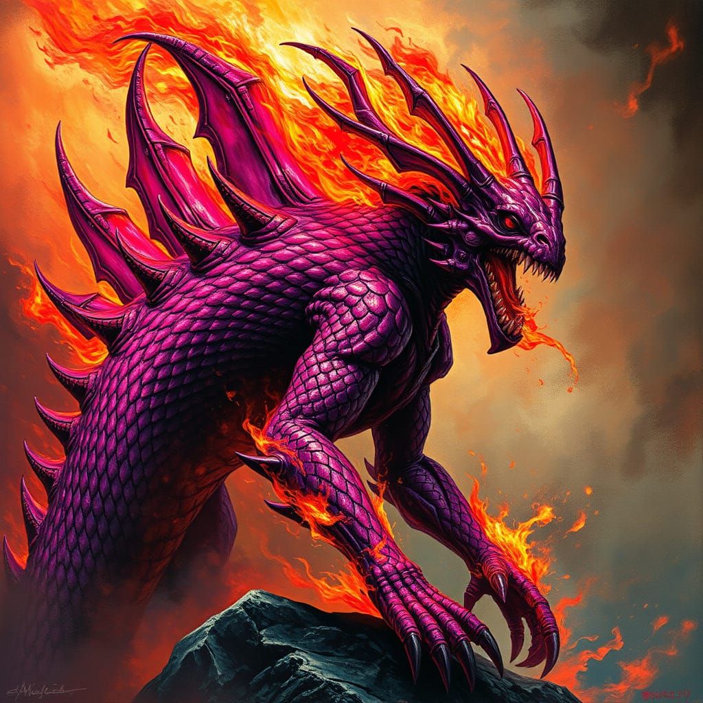 Biomorphic Beast in Vibrant Magenta Flames