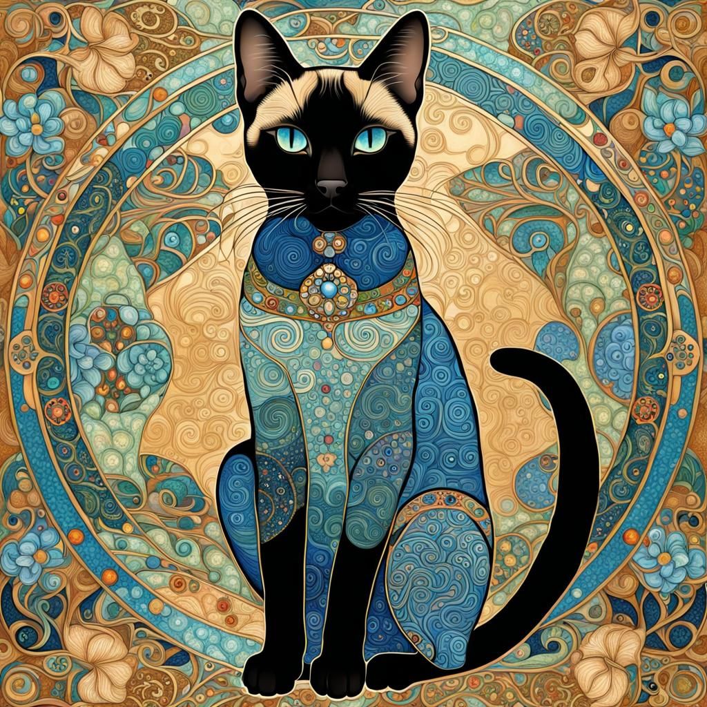 Elegant Siamese Cat, in Opulent Art Nouveau Style