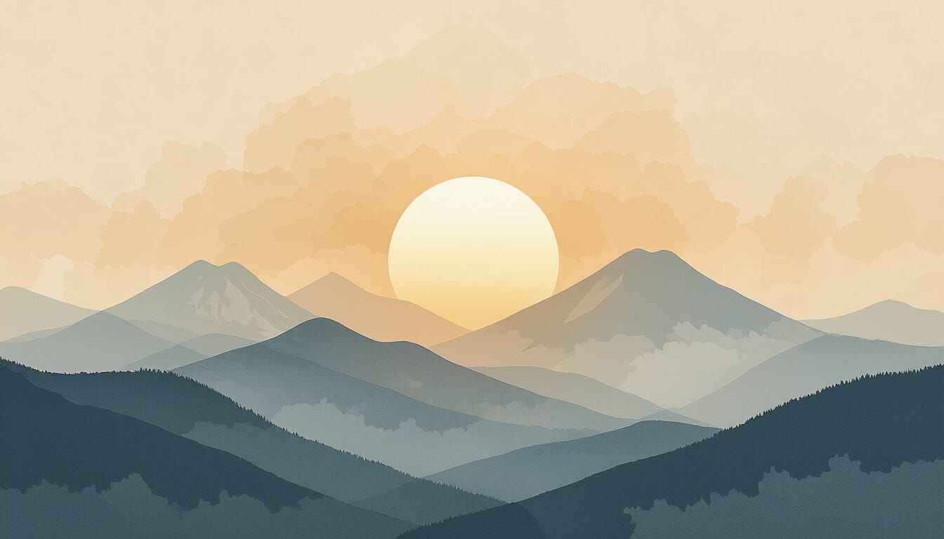 Minimalist Japandi Sunset Behind Mountains in Watercolor