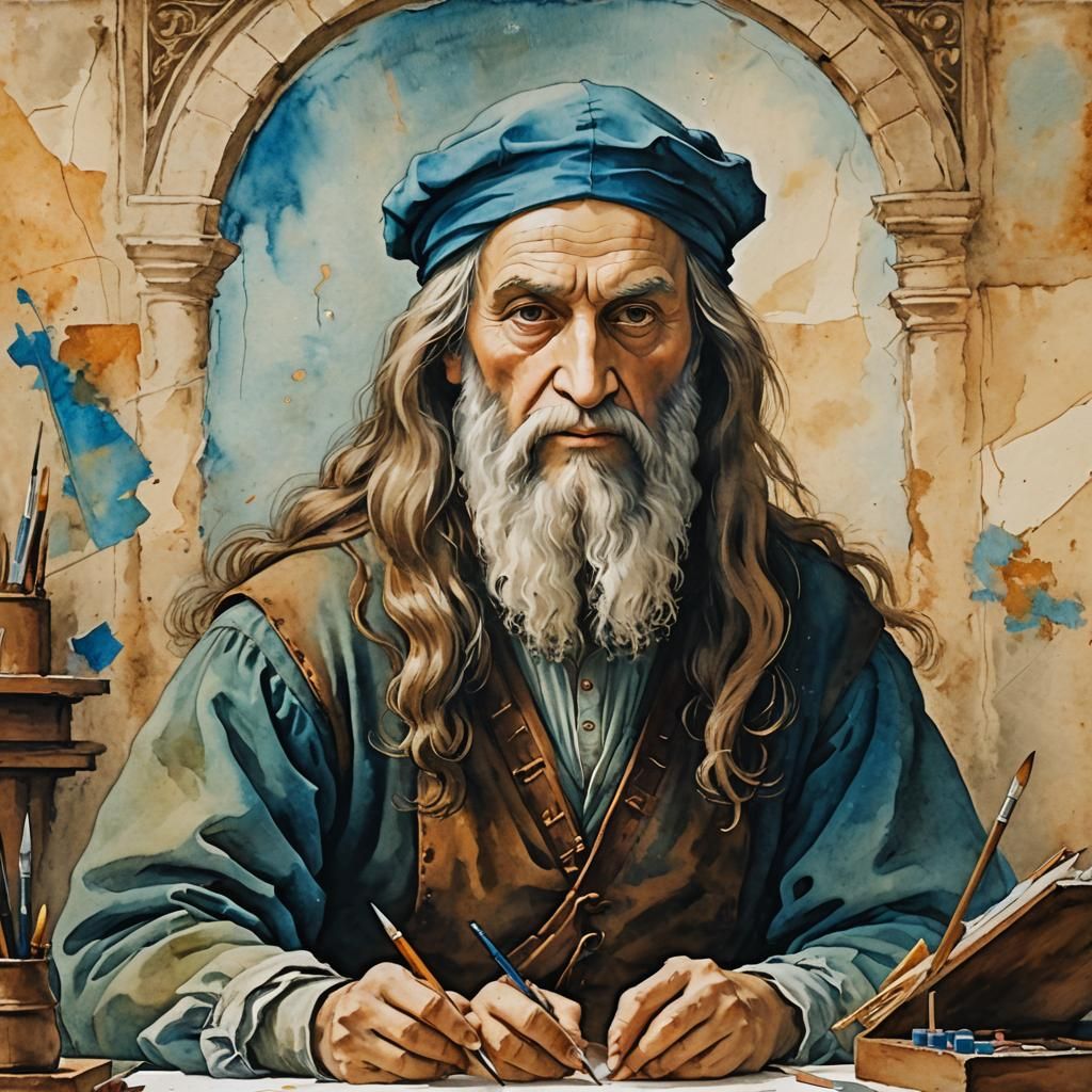Leonardo da Vinci Working as Gouache Painting