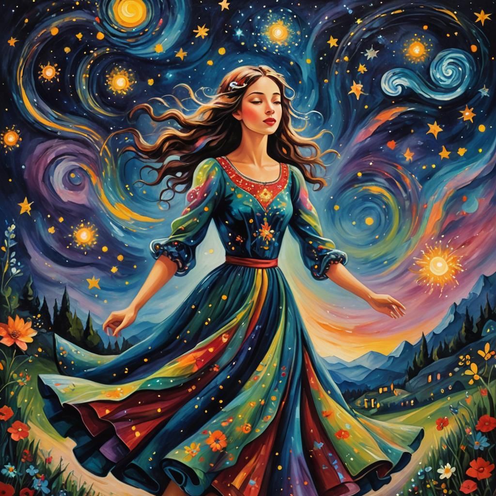 Whimsical Girl Dancing in Starry Folk Art Landscape