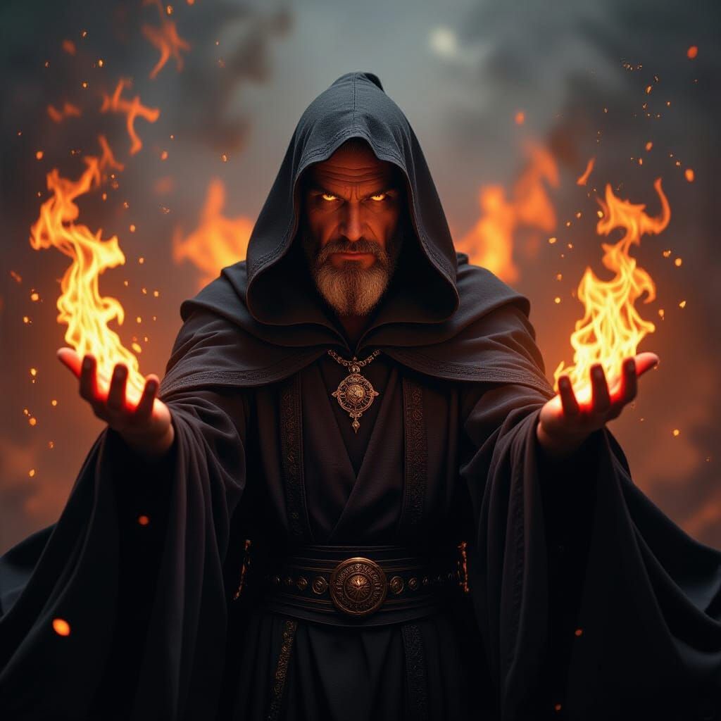 Menacing Sorcerer Conjures Fire with Piercing Eyes
