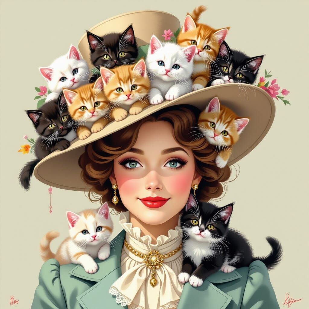 Whimsical Portrait: Woman with Kitten Hat in Storybook Style