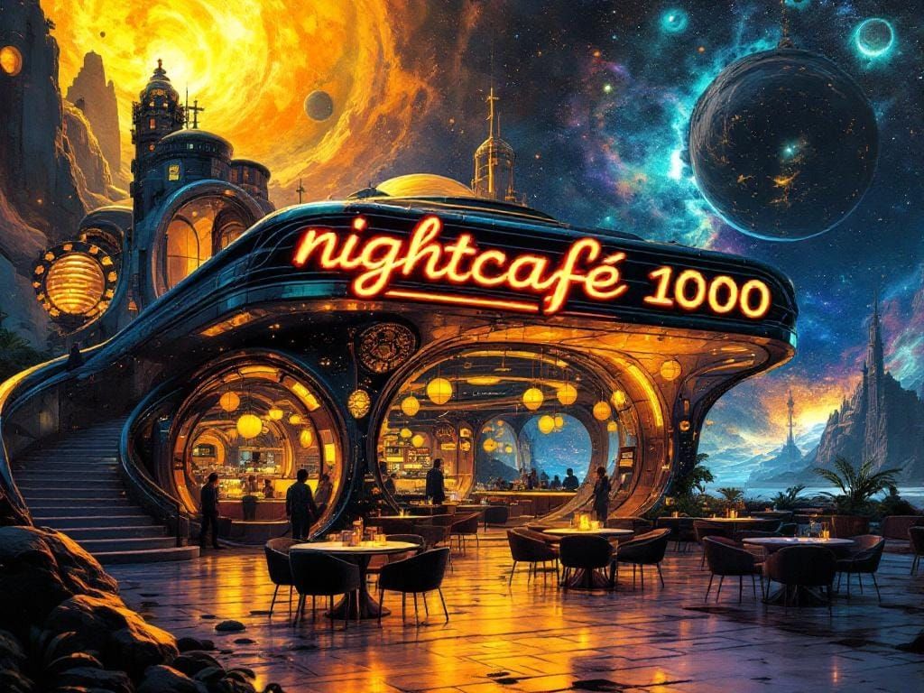 Cosmic Ethereal Restaurant in Galaxy with Sleek Neon Logo