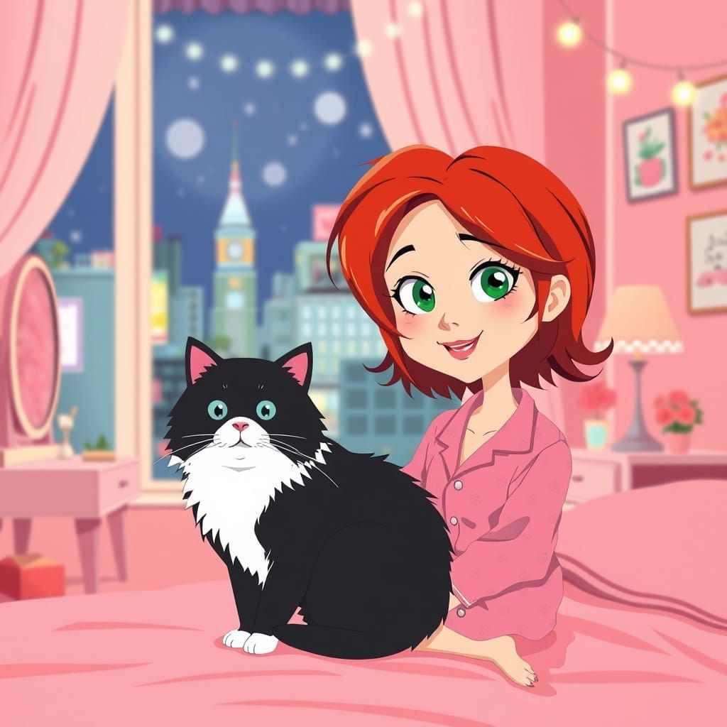 Japanese Woman in Pajamas with Cat, Shibuya Night