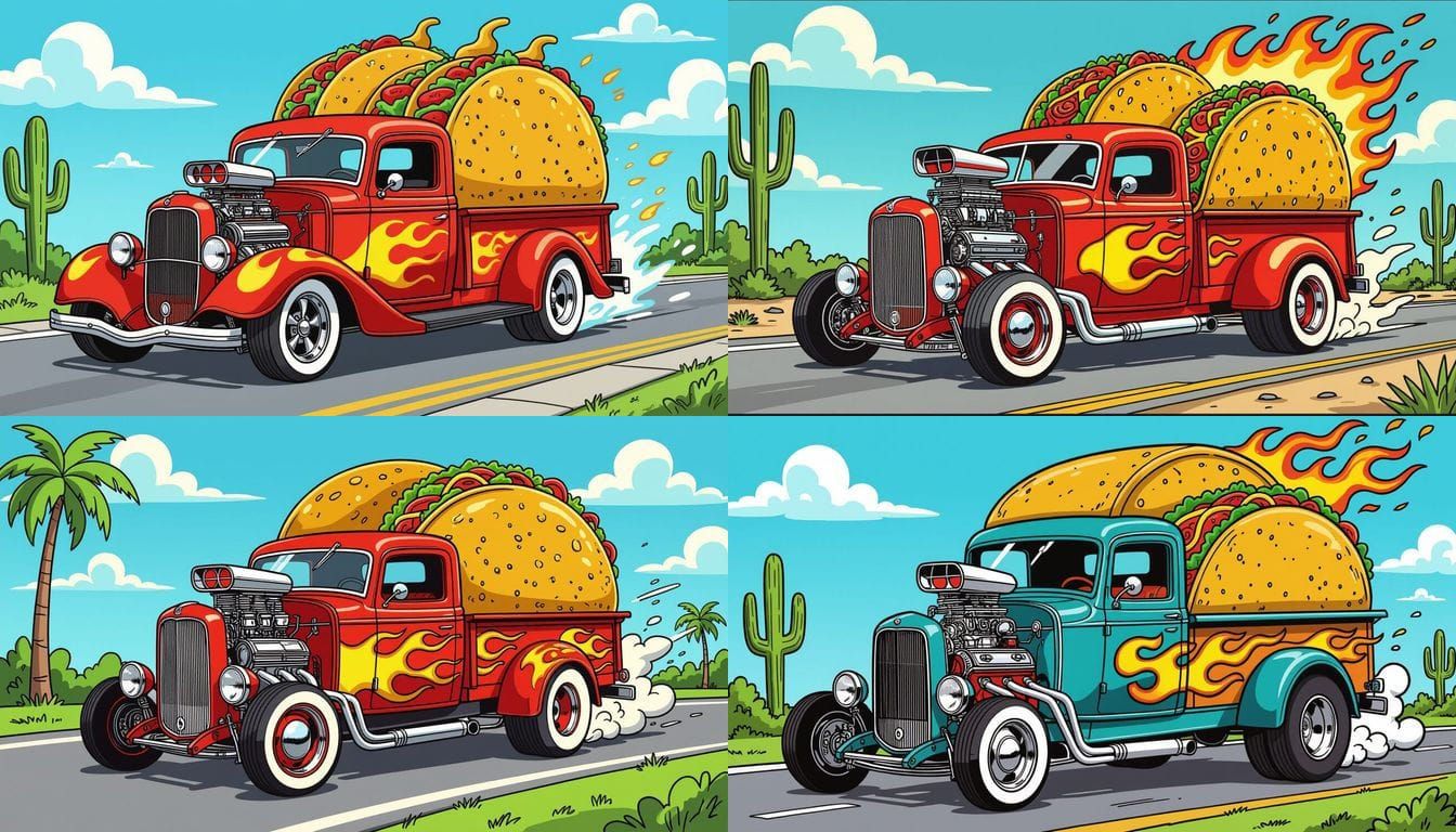 Cartoon Hot Rod Taco Truck in Roth Style