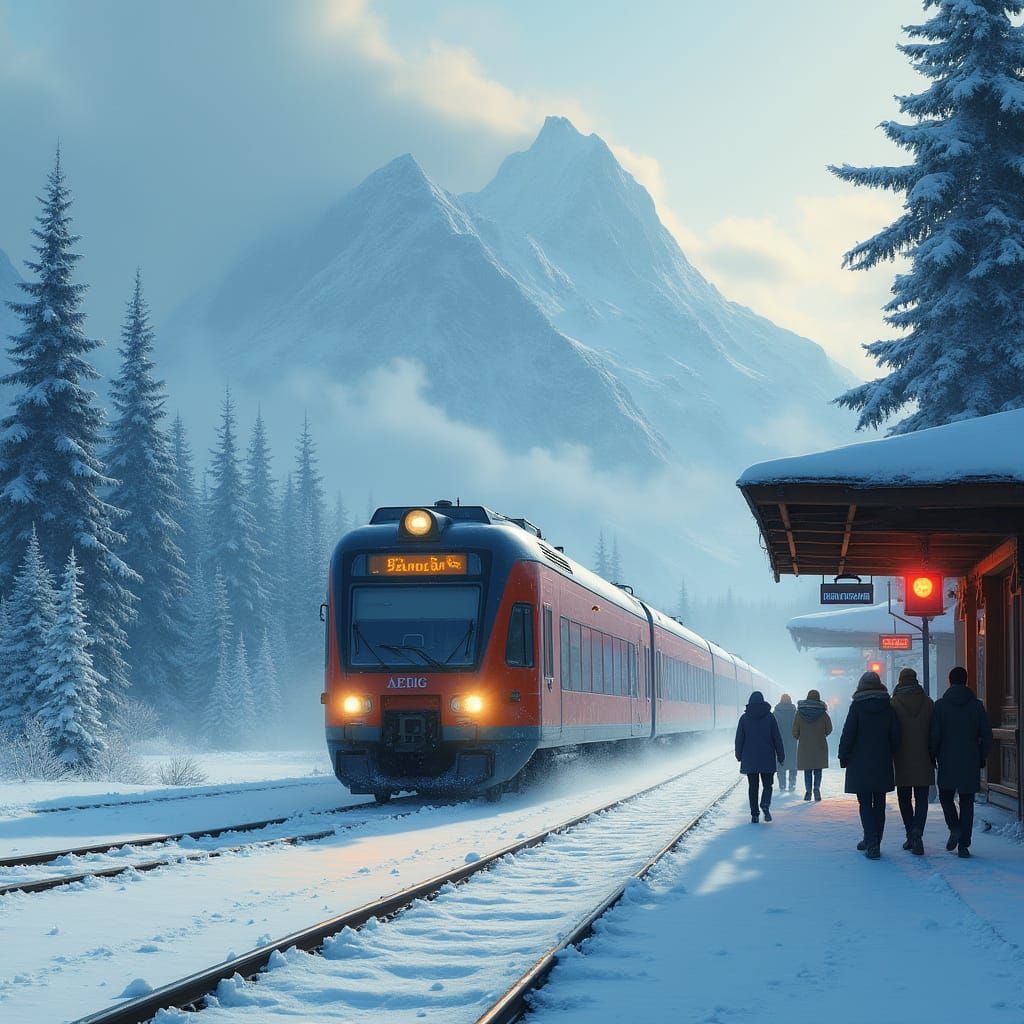 Train Emerges from Snowy Storm into Futuristic Station