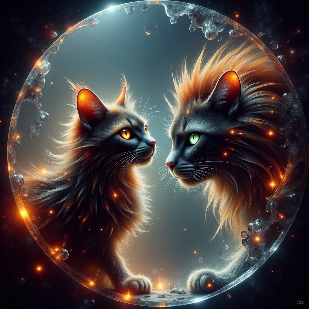 Calico Cat in Lion Mane Gazes into Futuristic Mirror