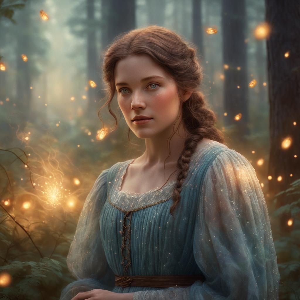 Pioneer Woman Surrounded by Fireflies in a Fantastical Fores...