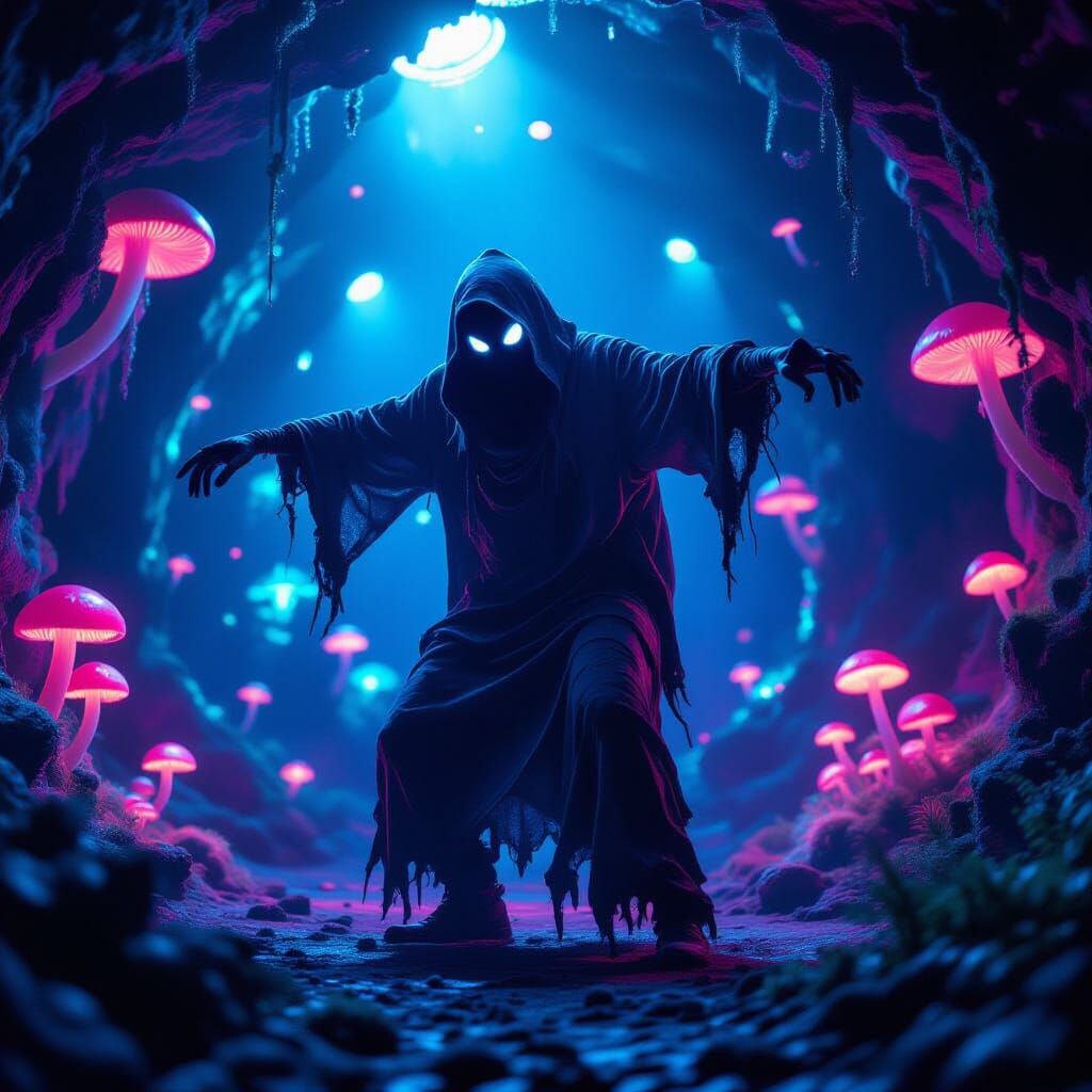 Ghostly Figure Dancing in Surreal Neon Underground Rave