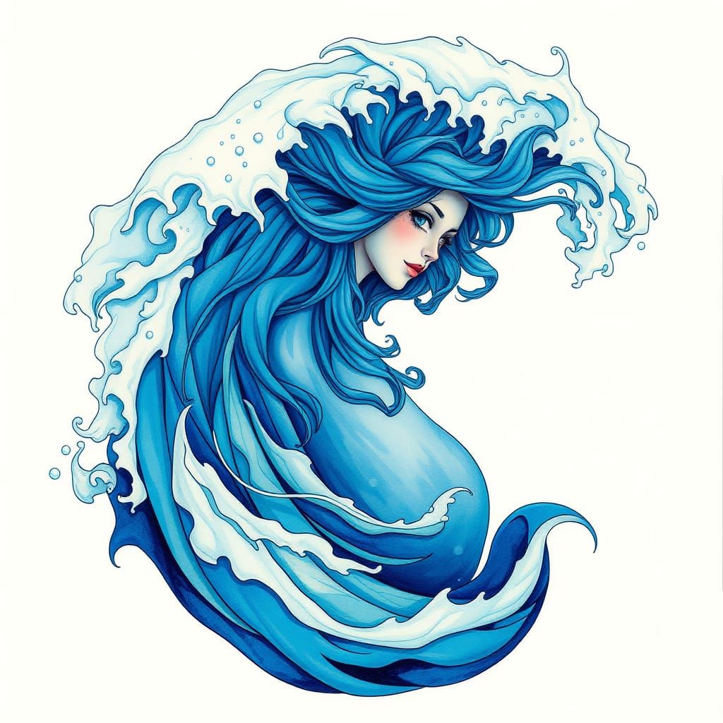 Whimsical Water Nymph in Majestic Blue Wave Form