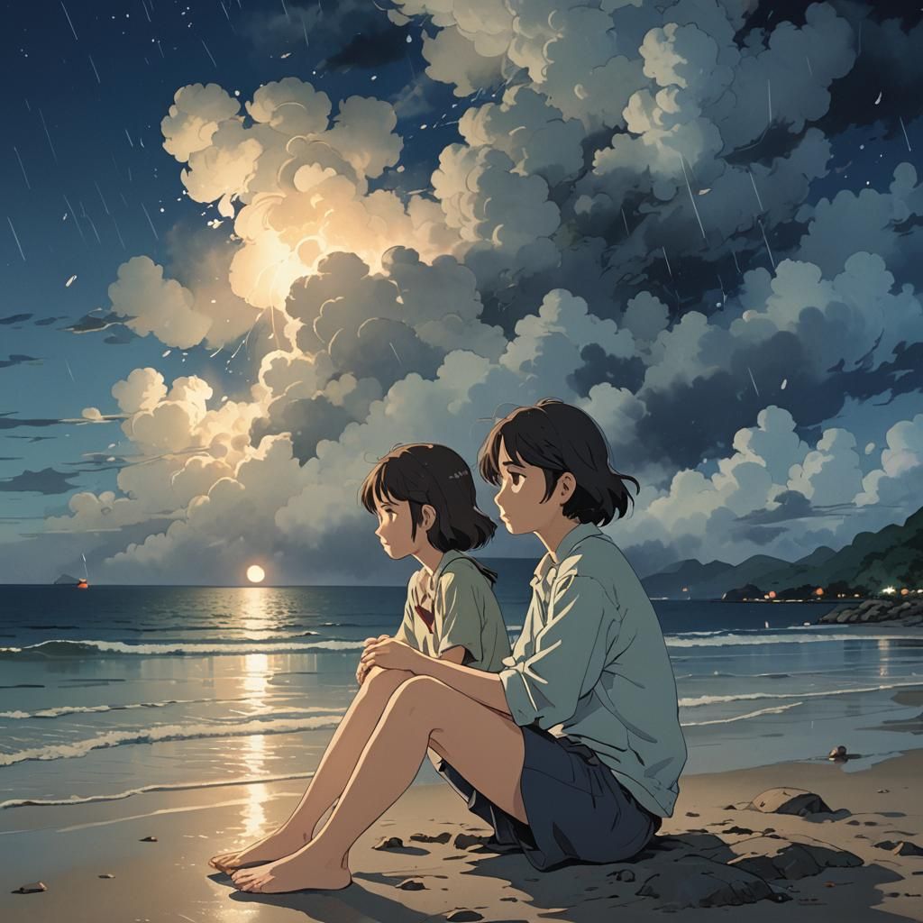 Melancholy Beach Scene in Ghibli Style