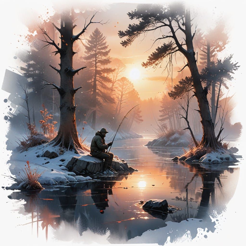 Ice Fisherman's Glowing Vigil: Digital Matte Painting