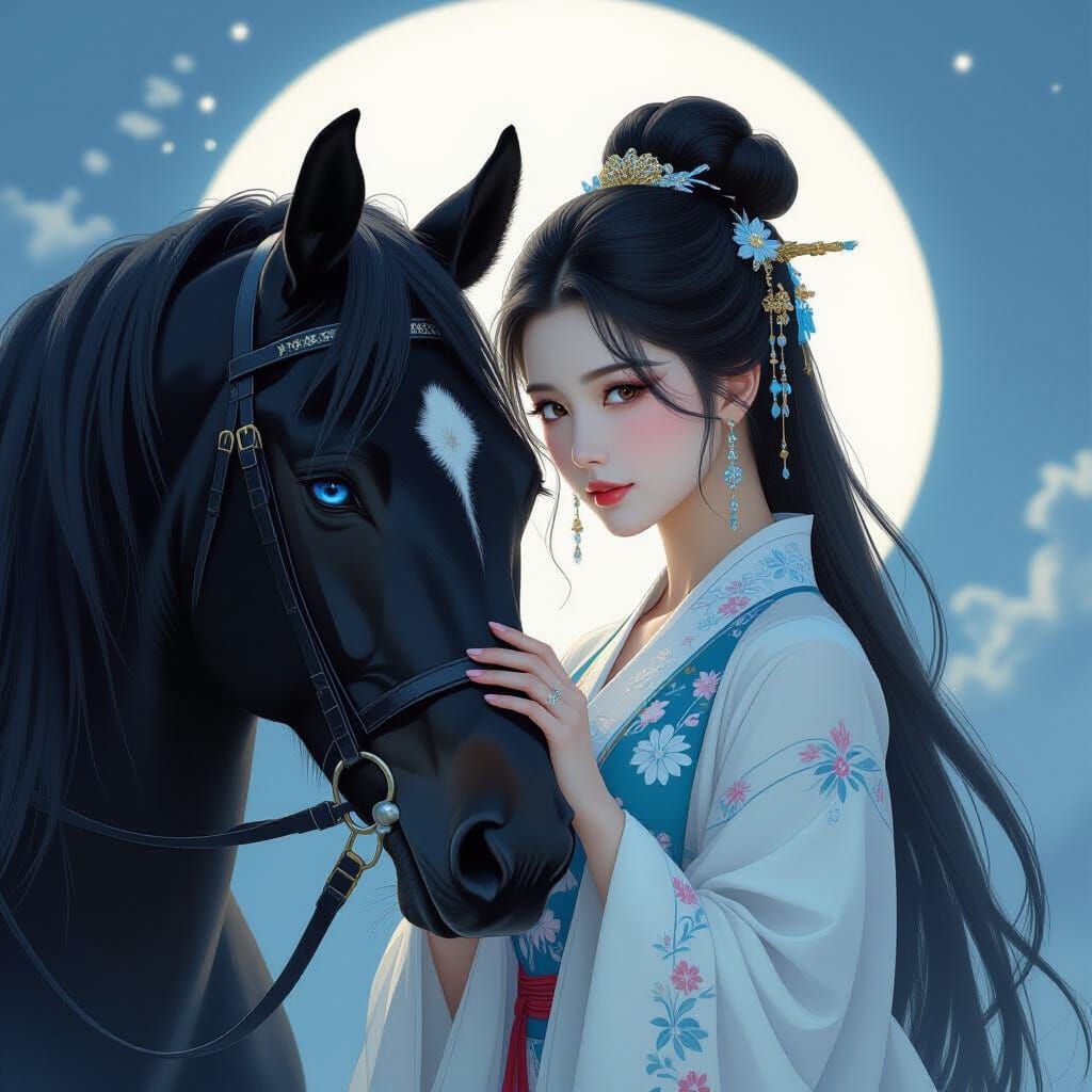Girl with Black Stallion in Art Nouveau Style