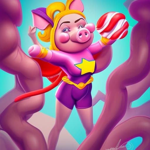 Candy-Style Female Superhero Pig in Digital Illustration