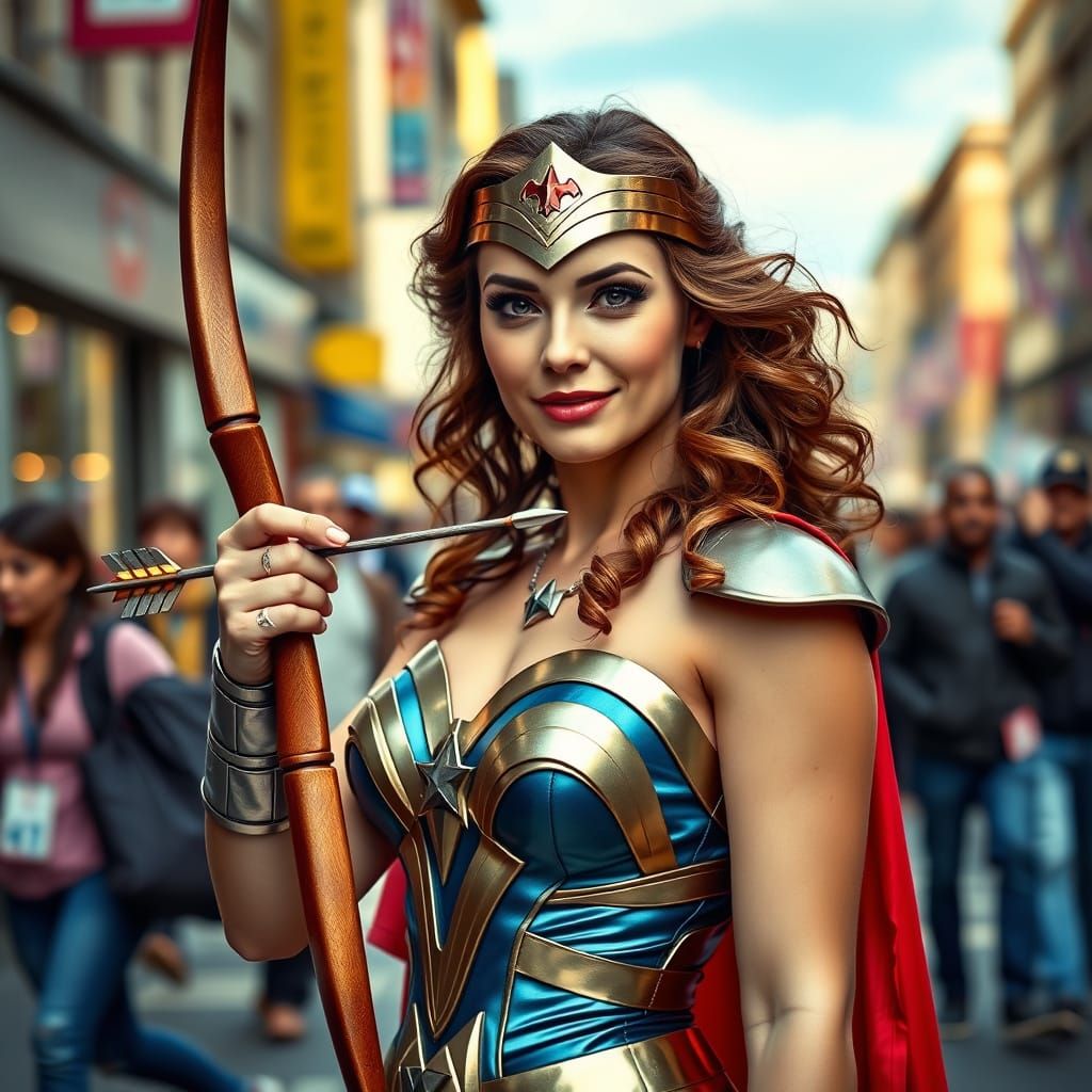 Wonder Woman with Cupid's Bow on Busy Street