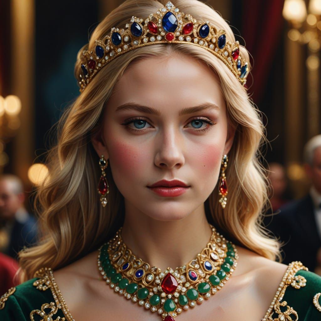 Regal Princess Portrait with Gold, Diamond, and Ruby Jewelry