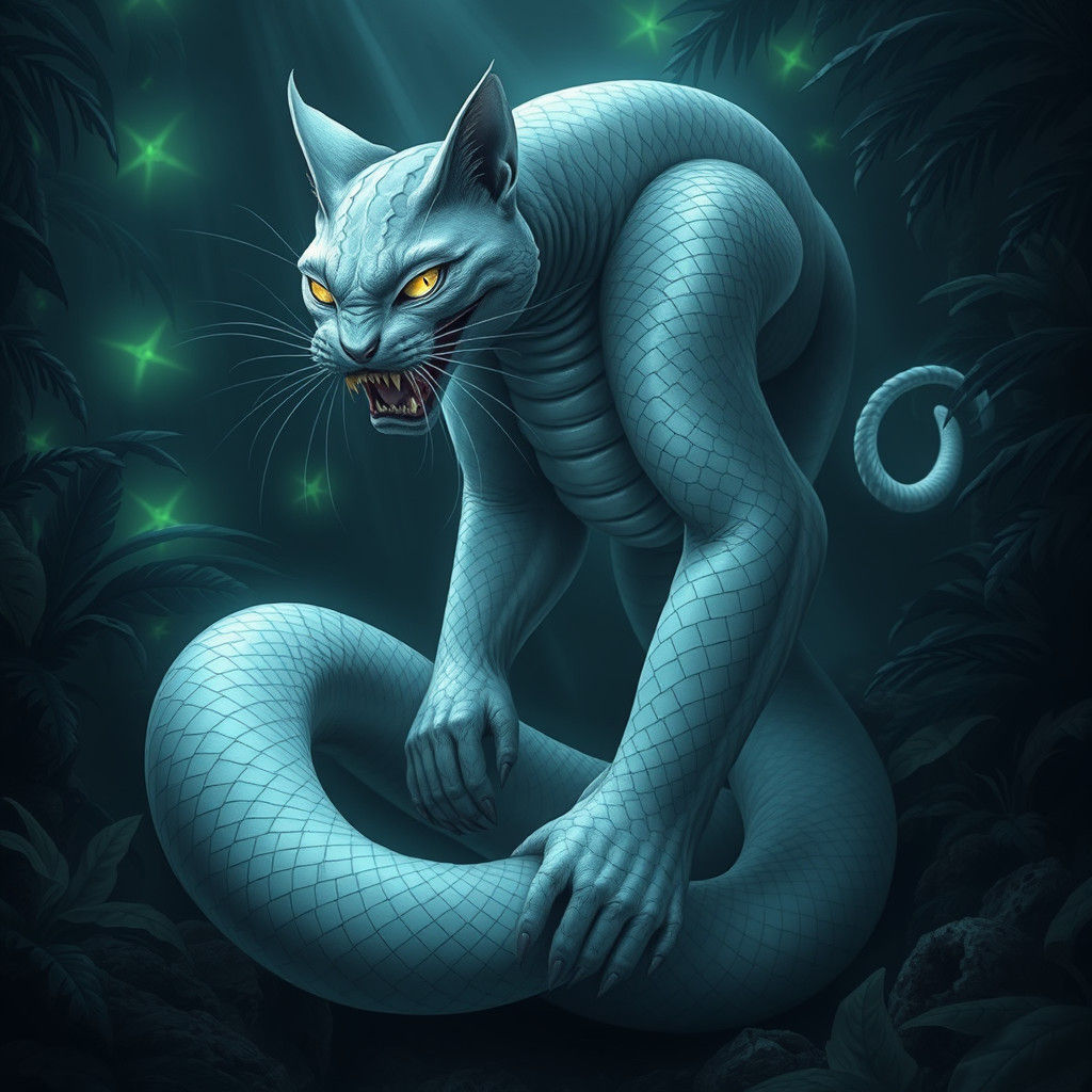 Muscular Cat-Snake Hybrid in Eerie Bioluminescent Jungle