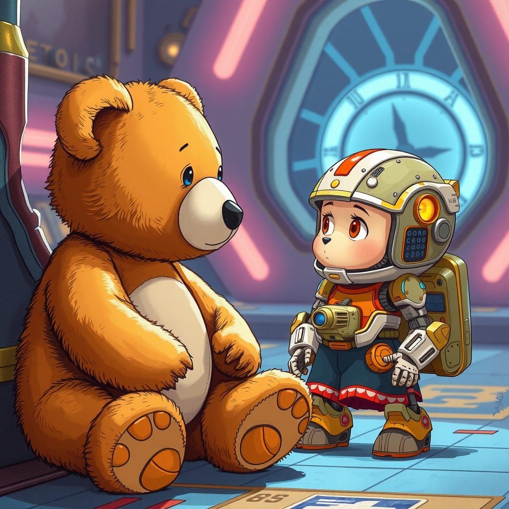 Teddy Bear Meets Mecha Child: A Whimsical Scene