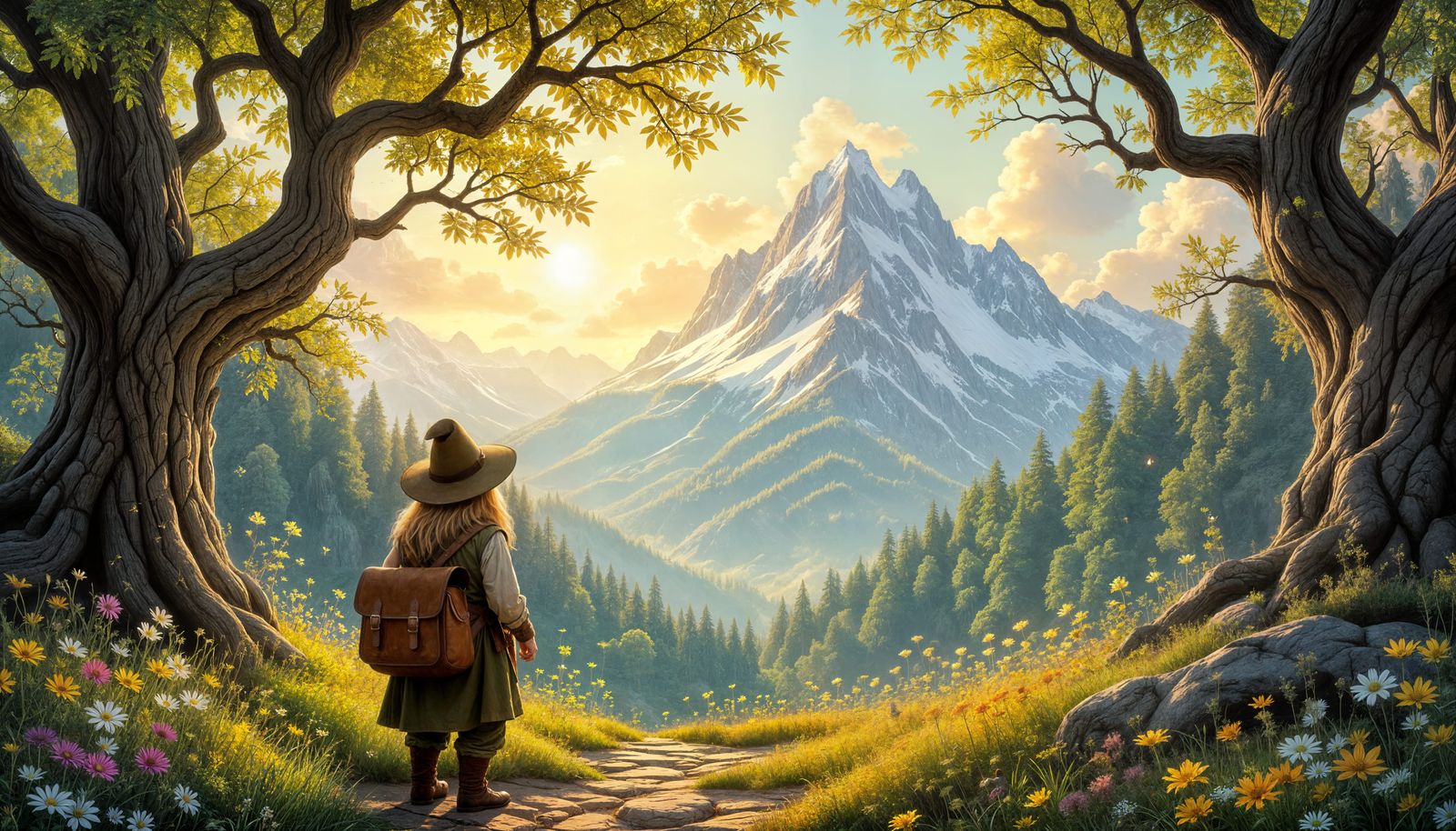 Hobbit Overlooks Vast Forest in Fantasy Style