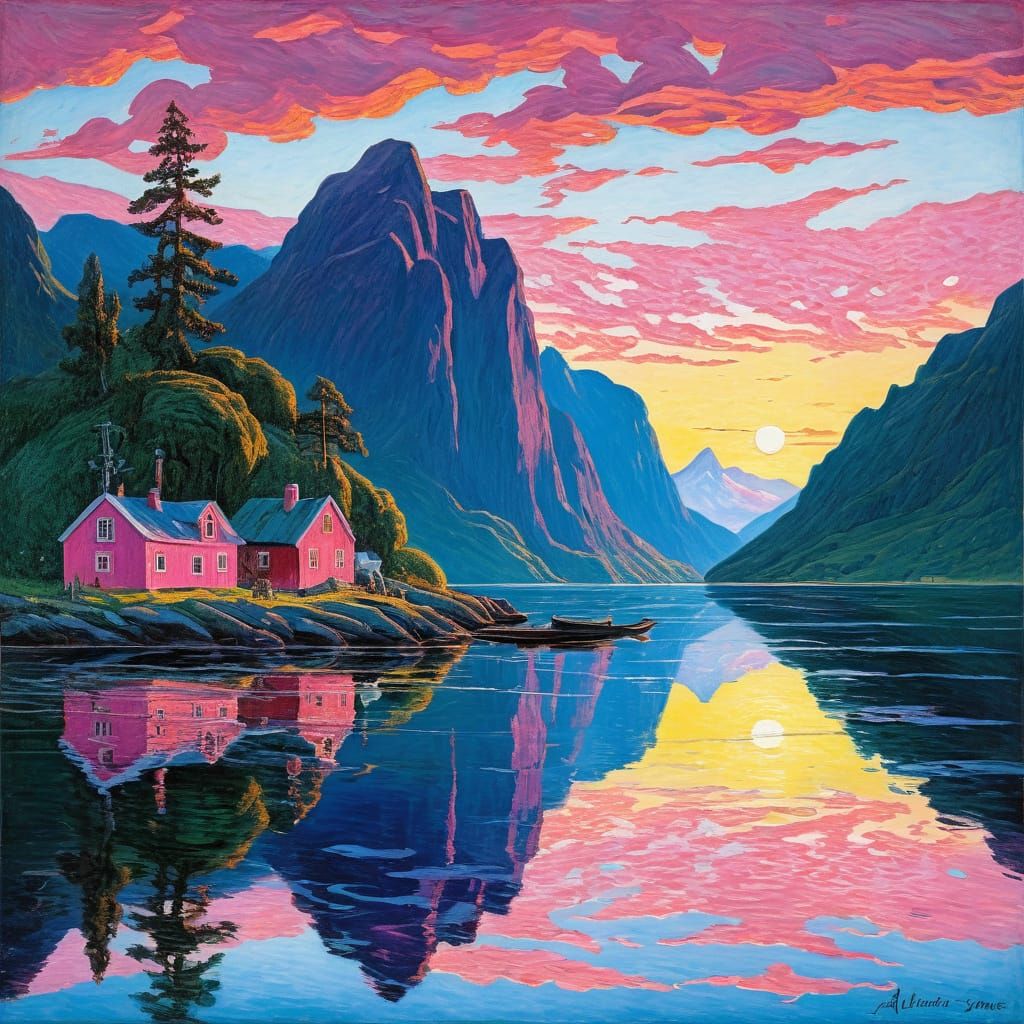 Surreal Fjord Sunset in Vibrant Pink