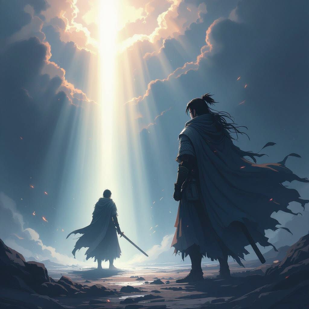 Lone Warrior in Light Amidst Darkness Anime Art