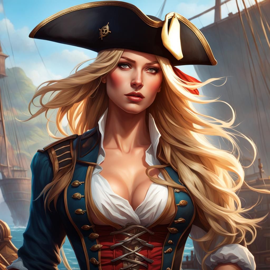Beautiful Blonde Pirate Woman, Detailed Digital Portrait