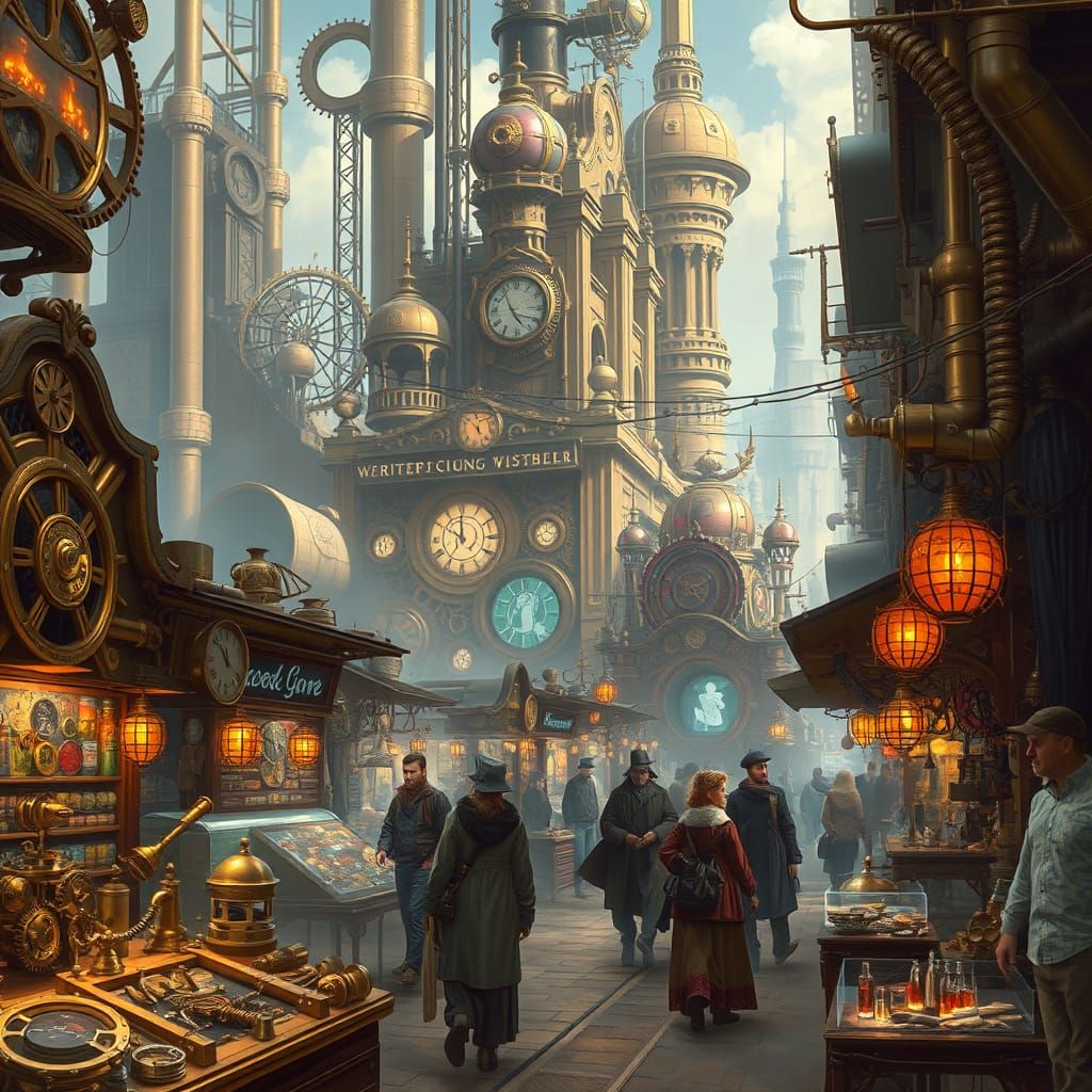Steampunk Metropolis: Clockwork Marketplace in Art Nouveau S...