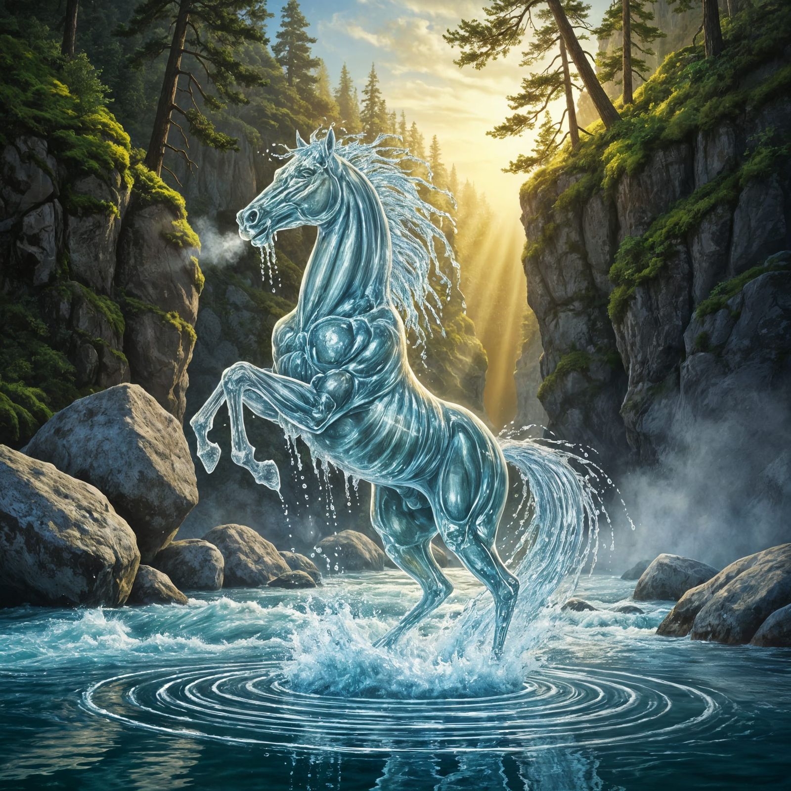 Water Stallion Rears from River at Golden Hour