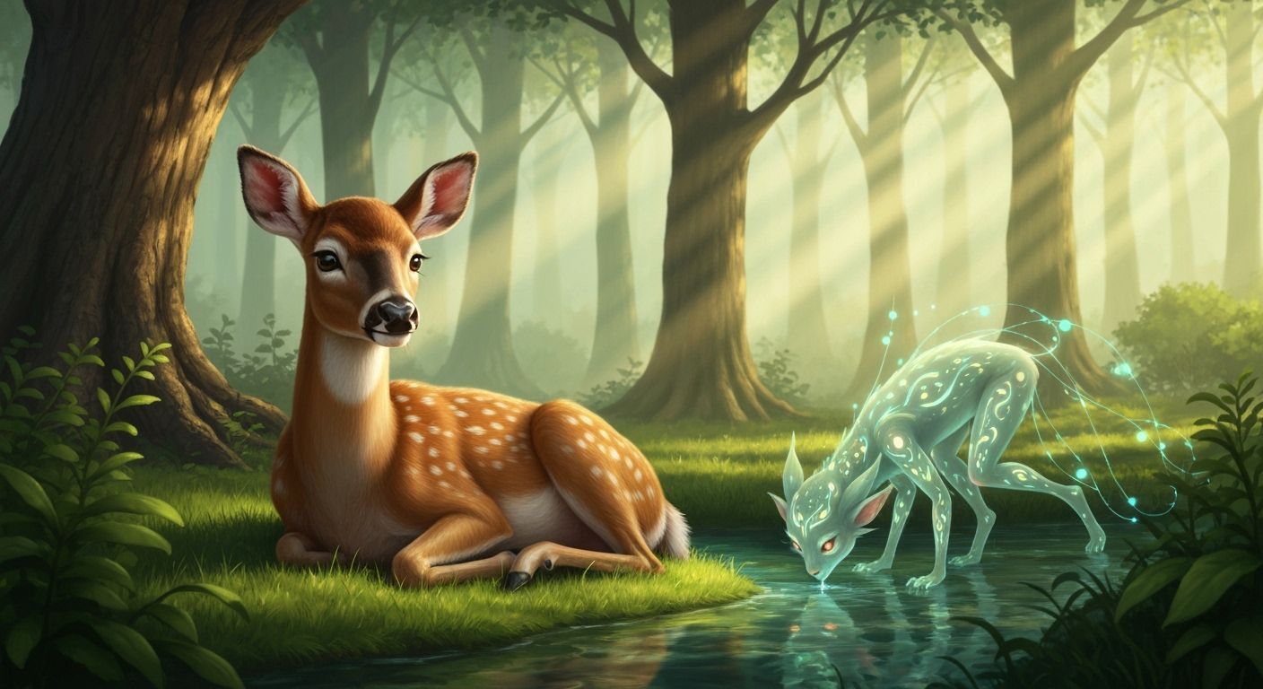 Serene Forest Scene with Doe and Ethereal Spirit