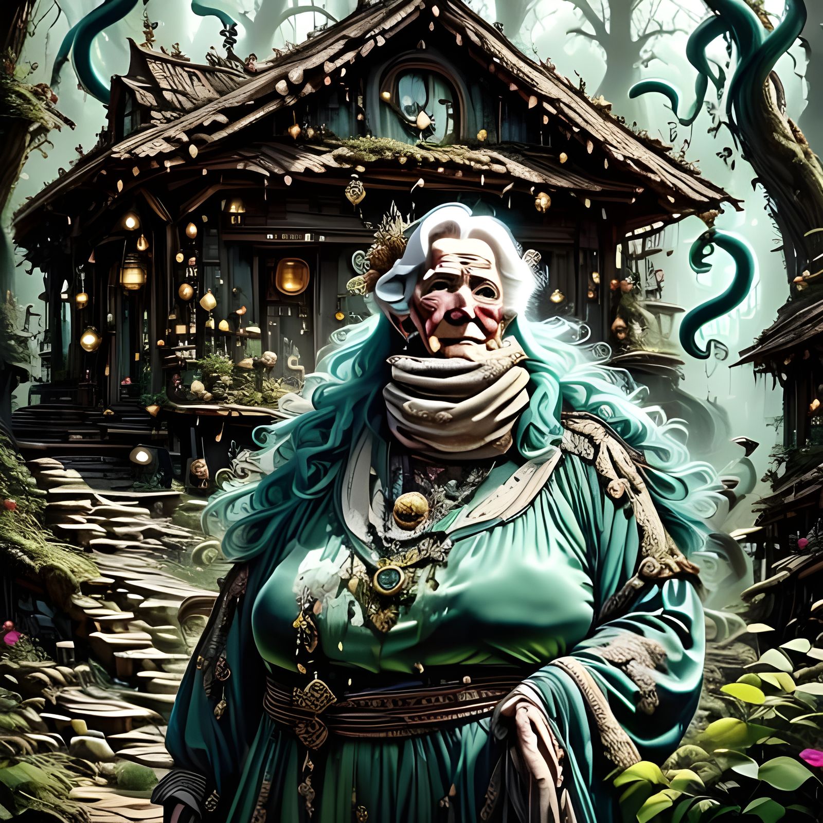 Surreal Elderly Woman in Tentacle Forest