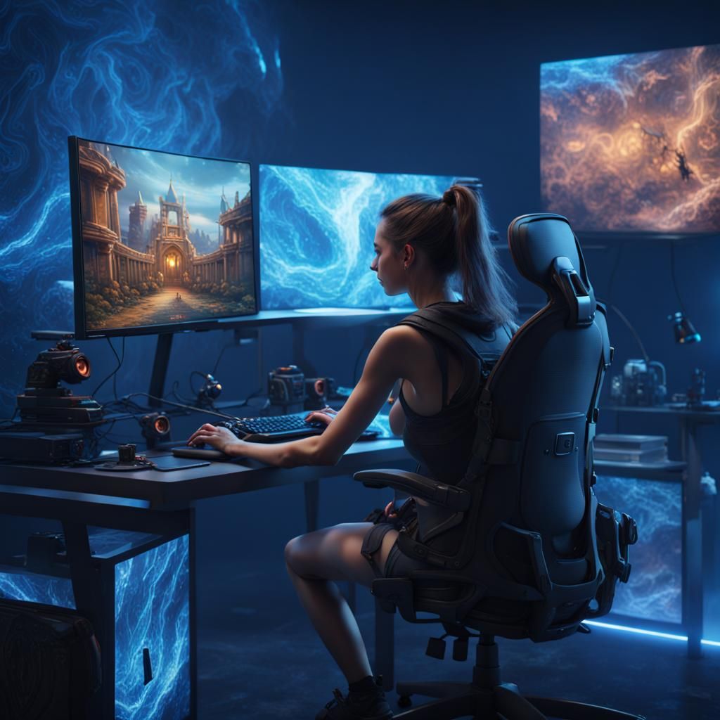 Girl Gaming on Computer with Blue Background