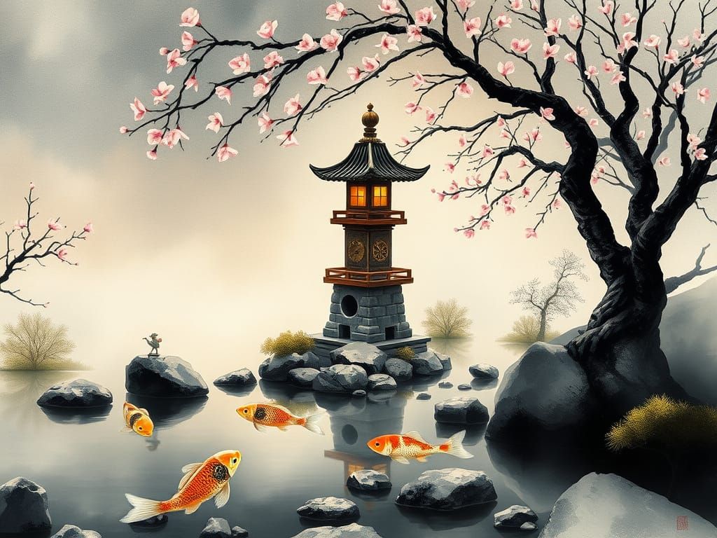 Steampunk Zen Garden with Clockwork Koi