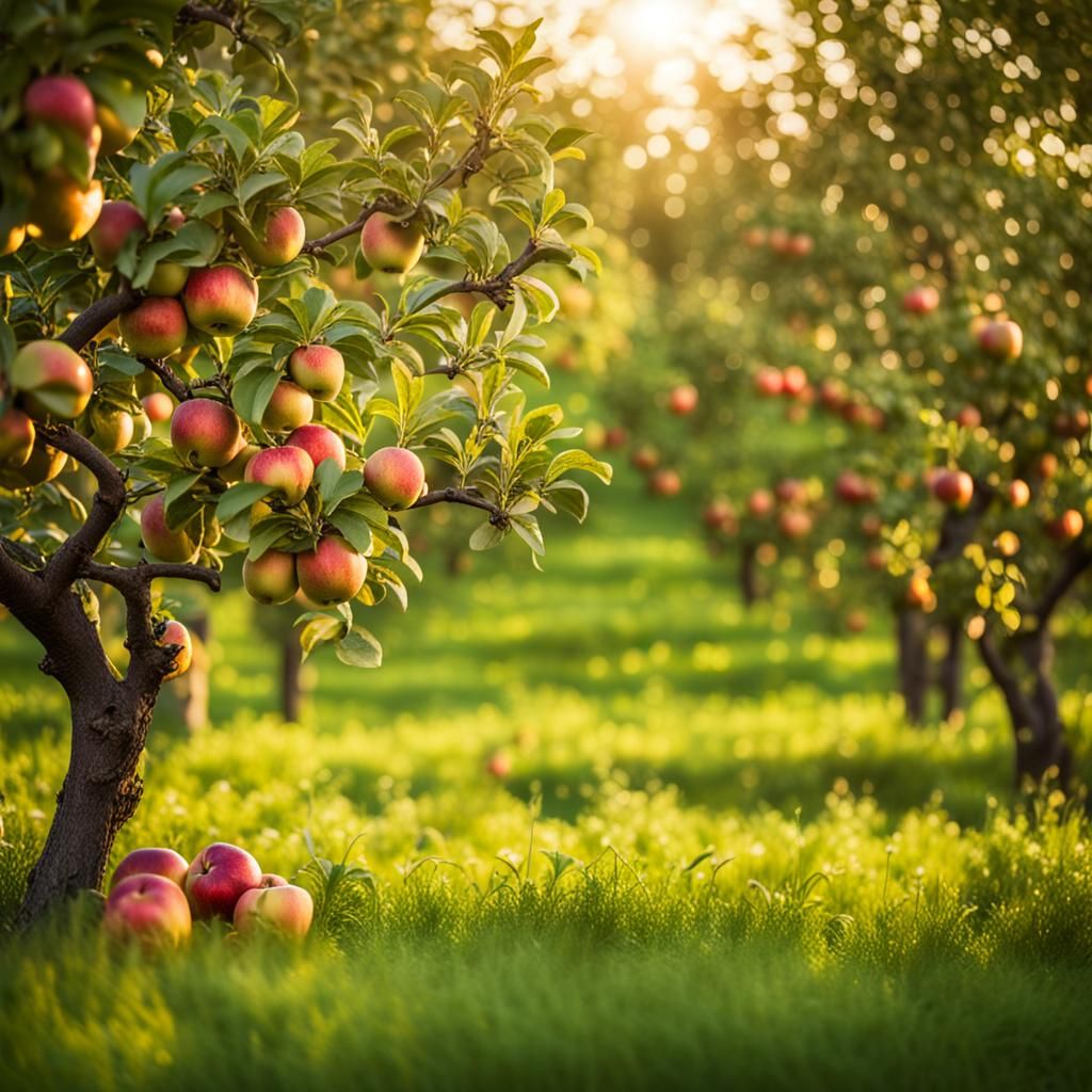 Lush Apple Orchard in Golden Hour Light