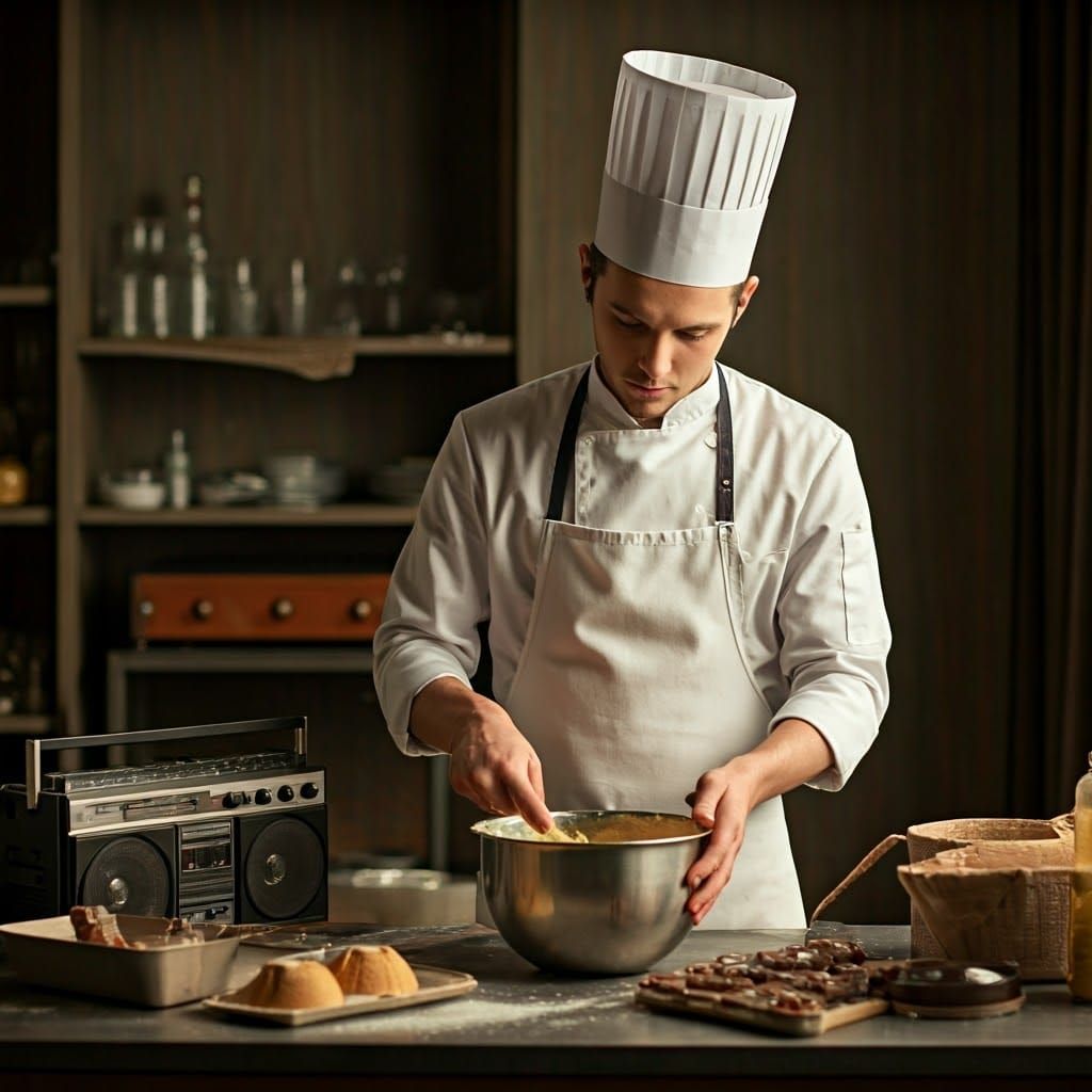 Nostalgic Baker in Chef's Uniform Listens to Cassette Tape