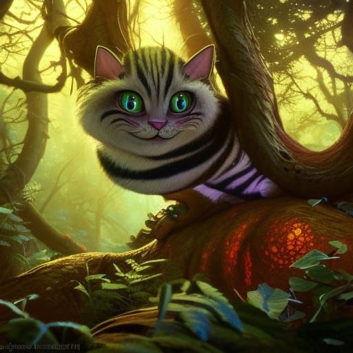 Cheshire Cat in Dark Forest: Hyperdetailed Concept Art