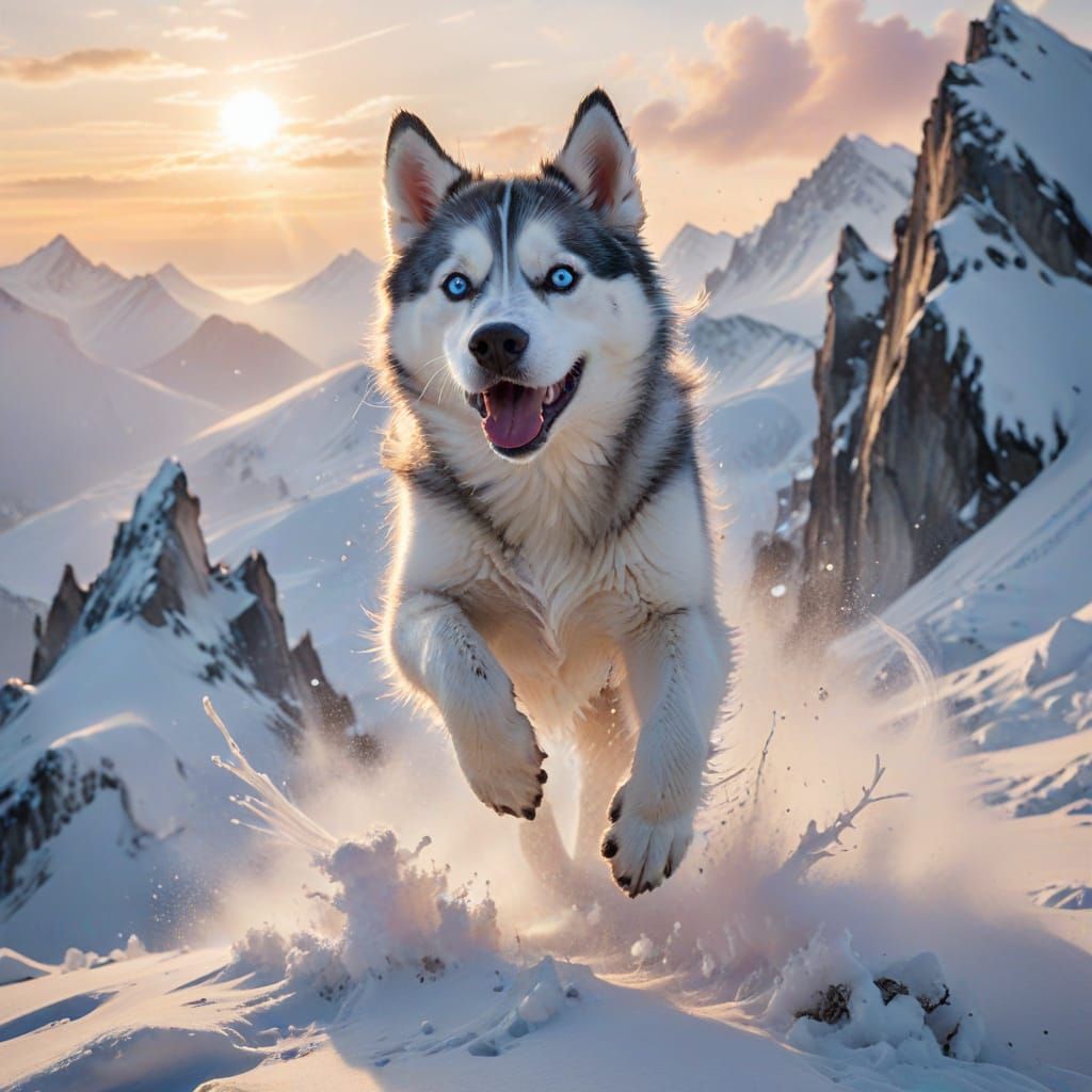 Husky's Joyful Leap on Snowy Mountain Plateau