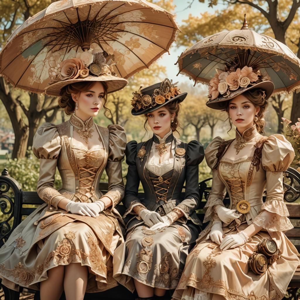 Steampunk Ladies with Parasols in Metallic Line Art