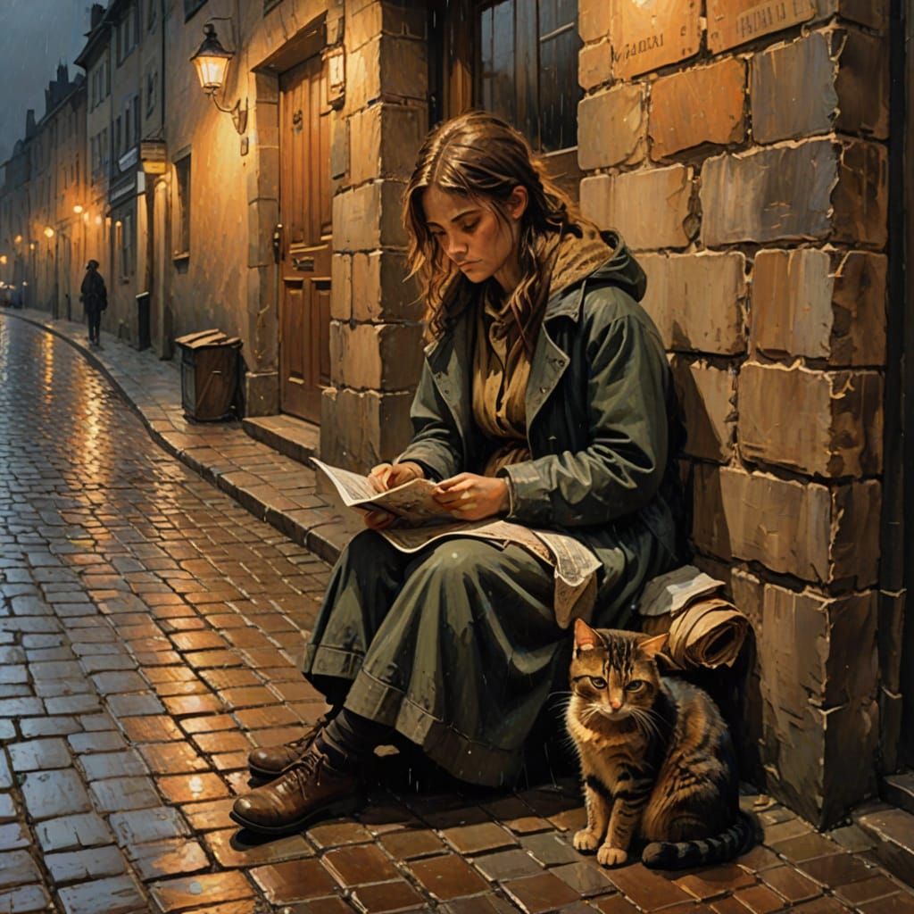 Homeless Girl Reading Newspaper in Rainy French Village