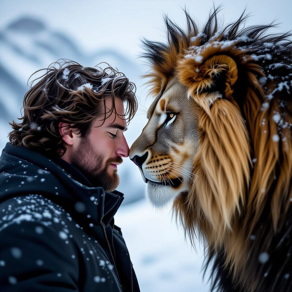 Man and Lion Share Trust in Snowy Winter Scene
